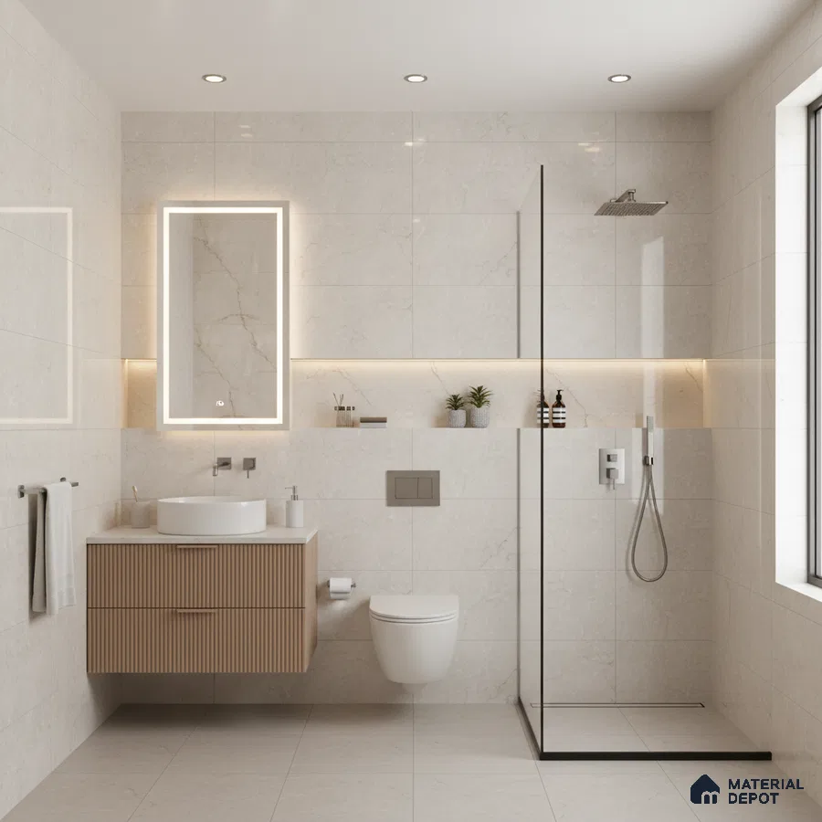 Minimalist bathroom with beige marble-look wall tiles, fluted wood vanity, and glass shower partition | Material Depot