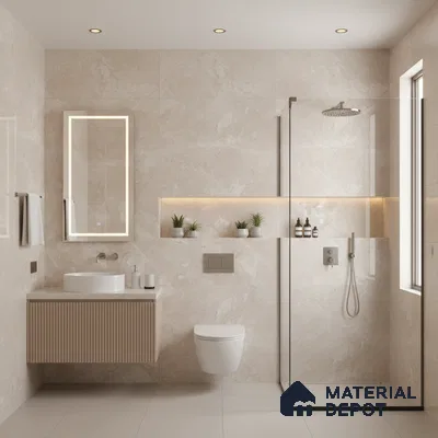 Minimalist bathroom with beige marble-look wall tiles, fluted wood vanity, and glass shower partition | Material Depot