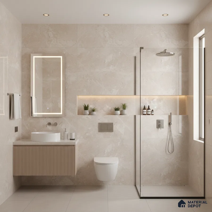 Minimalist bathroom with beige marble-look wall tiles, fluted wood vanity, and glass shower partition | Material Depot