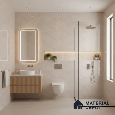 Minimalist bathroom with beige marble-look wall tiles, fluted wood vanity, and glass shower partition | Material Depot