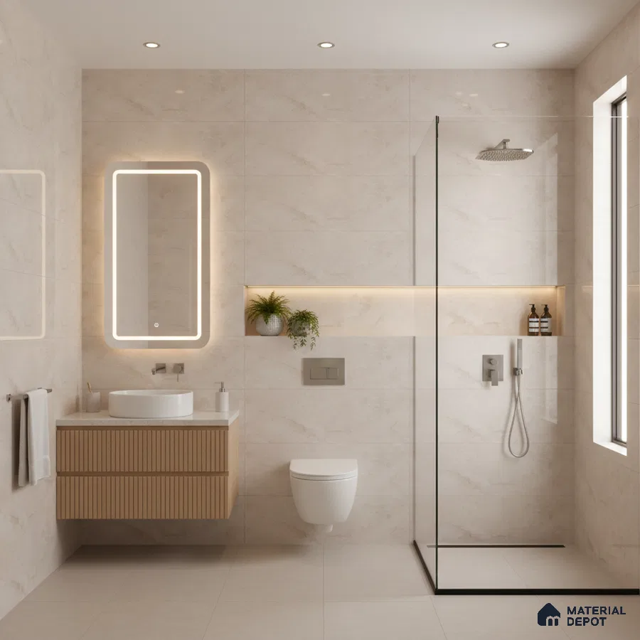 Minimalist bathroom with beige marble-look wall tiles, fluted wood vanity, and glass shower partition | Material Depot