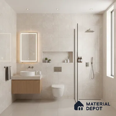 Minimalist bathroom with beige marble-look wall tiles, fluted wood vanity, and large format floor tiles | Material Depot