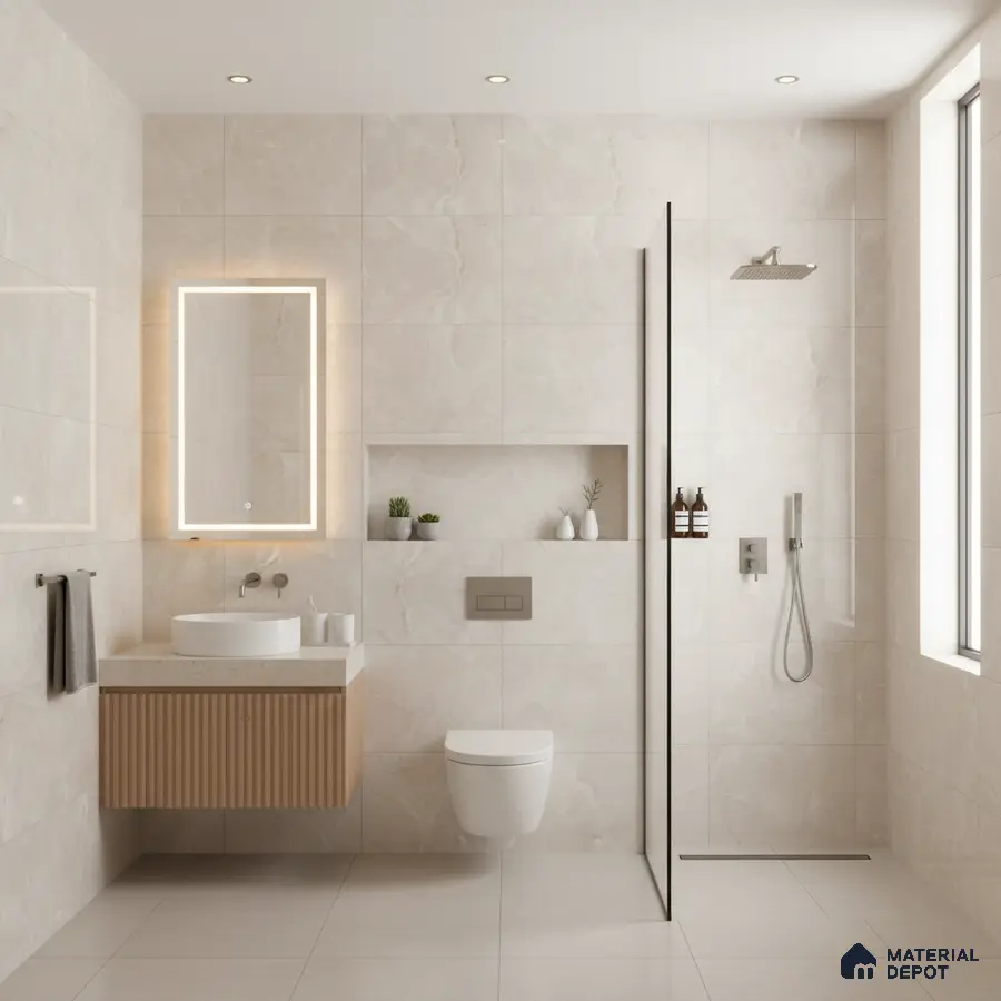 Minimalist bathroom with beige marble-look wall tiles, fluted wood vanity, and large format floor tiles | Material Depot