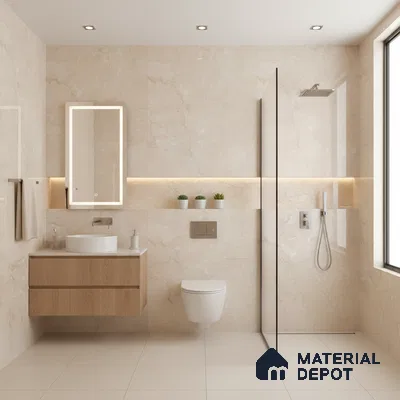 Minimalist bathroom with beige marble-look wall tiles, light wood floating vanity, and matte beige floor tiles | Material Depot