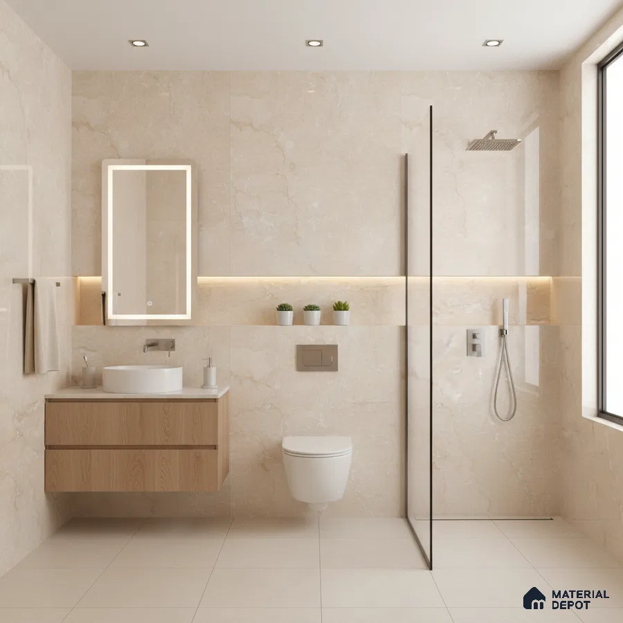 Minimalist bathroom with beige marble-look wall tiles, light wood floating vanity, and matte beige floor tiles | Material Depot