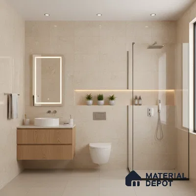 Minimalist bathroom with beige marble-look wall tiles, light wood floating vanity, and matte beige floor tiles | Material Depot