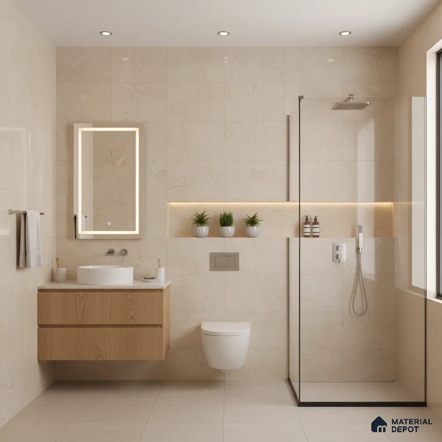 Minimalist bathroom with beige marble-look wall tiles, light wood floating vanity, and matte beige floor tiles | Material Depot