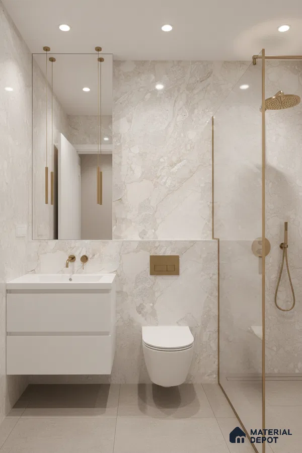 Minimalist bathroom with beige marble-look wall tiles, matte beige floor tiles, and gold accents | Material Depot
