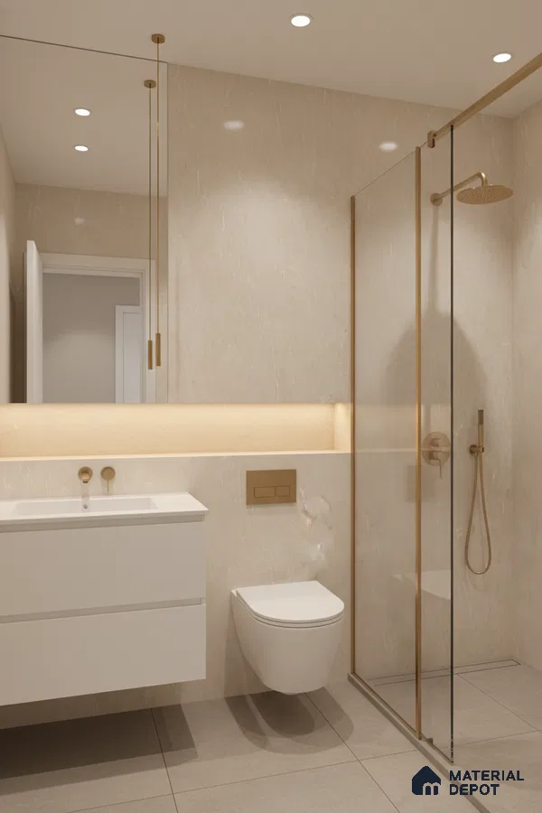 Minimalist bathroom with beige marble-look wall tiles, matte grey floor tiles, and gold accents | Material Depot