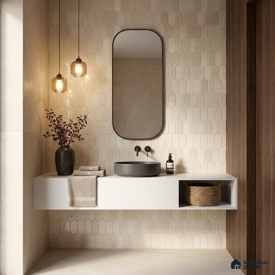 Minimalist bathroom with beige scallop wall tiles and white quartz floating vanity