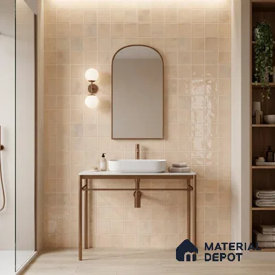 Minimalist bathroom with beige square wall tiles and light wood floor tiles