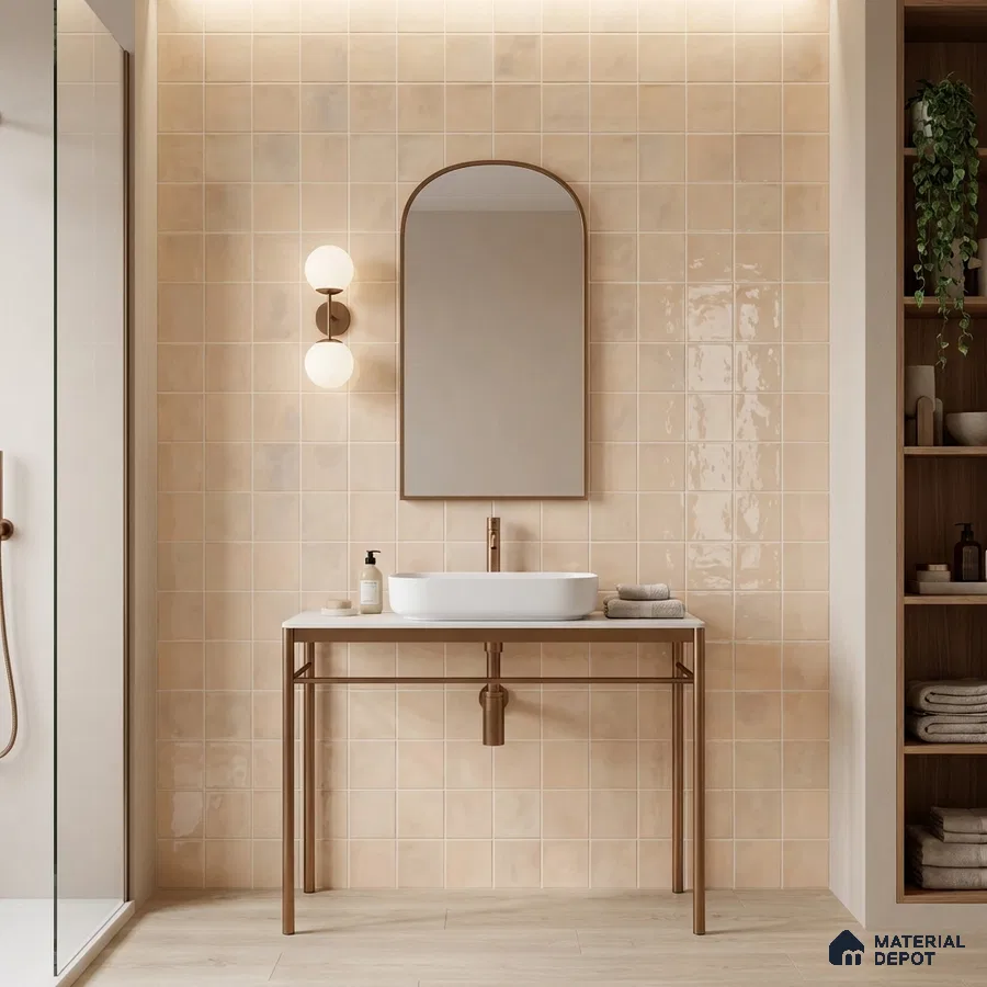 Minimalist bathroom with beige square wall tiles and light wood floor tiles