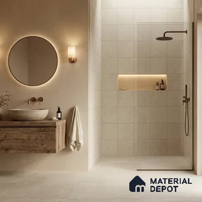 Minimalist bathroom with beige stone tiles and rustic wood vanity