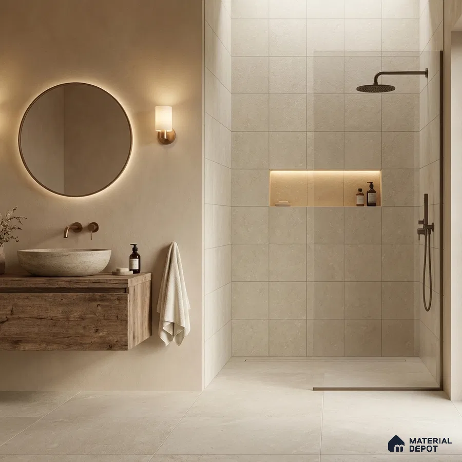 Minimalist bathroom with beige stone tiles and rustic wood vanity