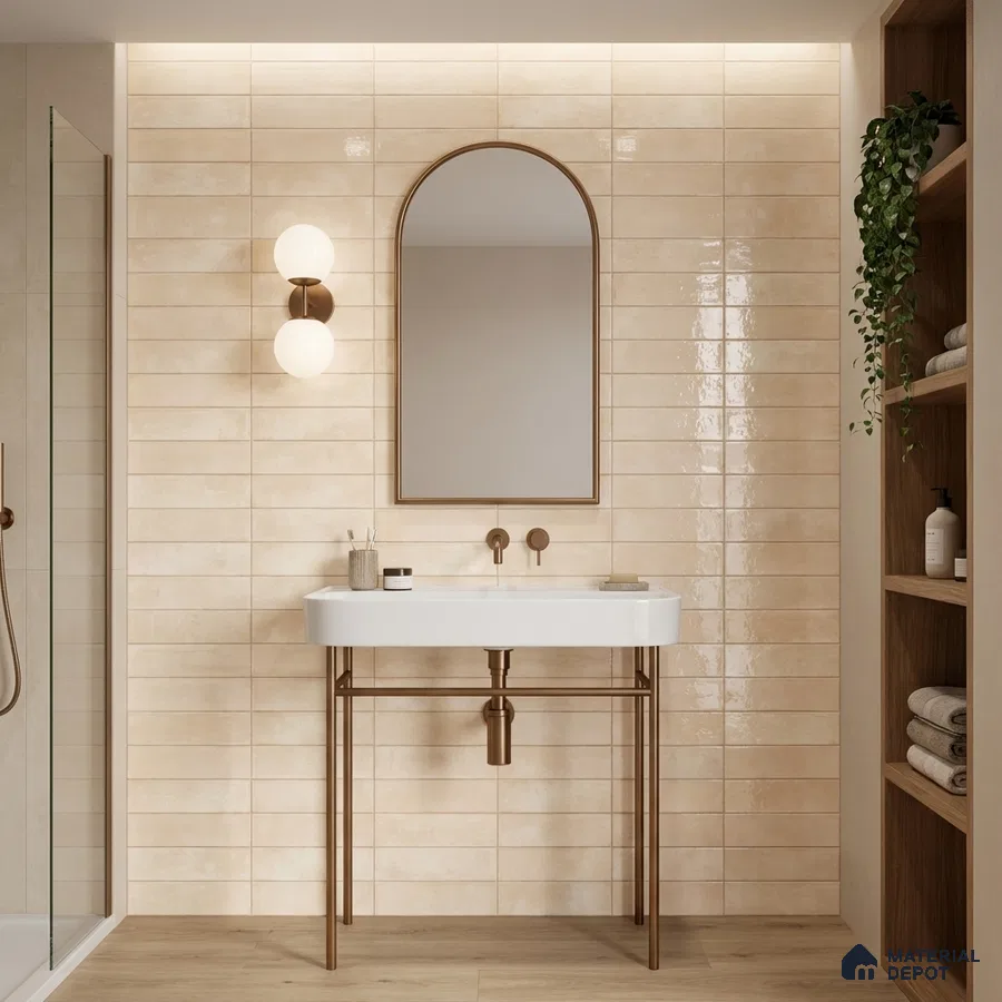 Minimalist bathroom with beige subway wall tiles and light wood flooring