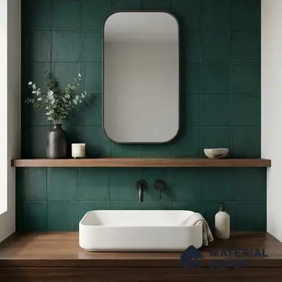 Minimalist bathroom with deep green wall tiles and walnut wood vanity