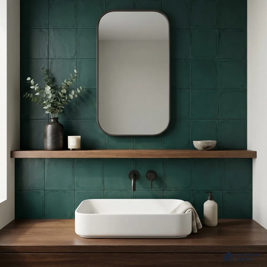 Minimalist bathroom with deep green wall tiles and walnut wood vanity