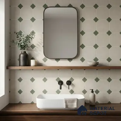 Minimalist bathroom with geometric beige and green wall tiles and walnut wood vanity
