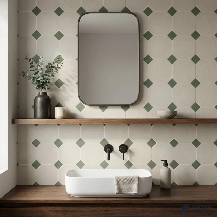 Minimalist bathroom with geometric beige and green wall tiles and walnut wood vanity