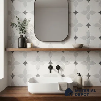 Minimalist bathroom with geometric patterned wall tiles and walnut wood countertop