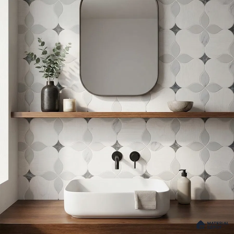 Minimalist bathroom with geometric patterned wall tiles and walnut wood countertop