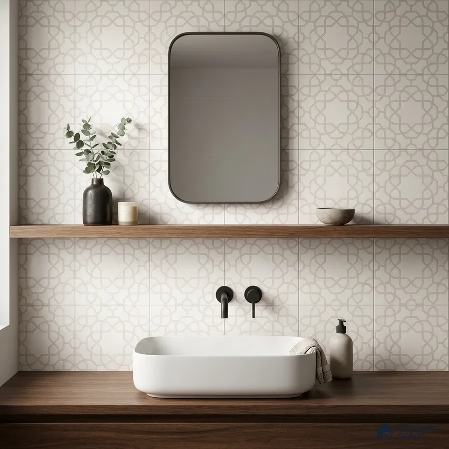 Minimalist bathroom with geometric patterned wall tiles and walnut wood vanity