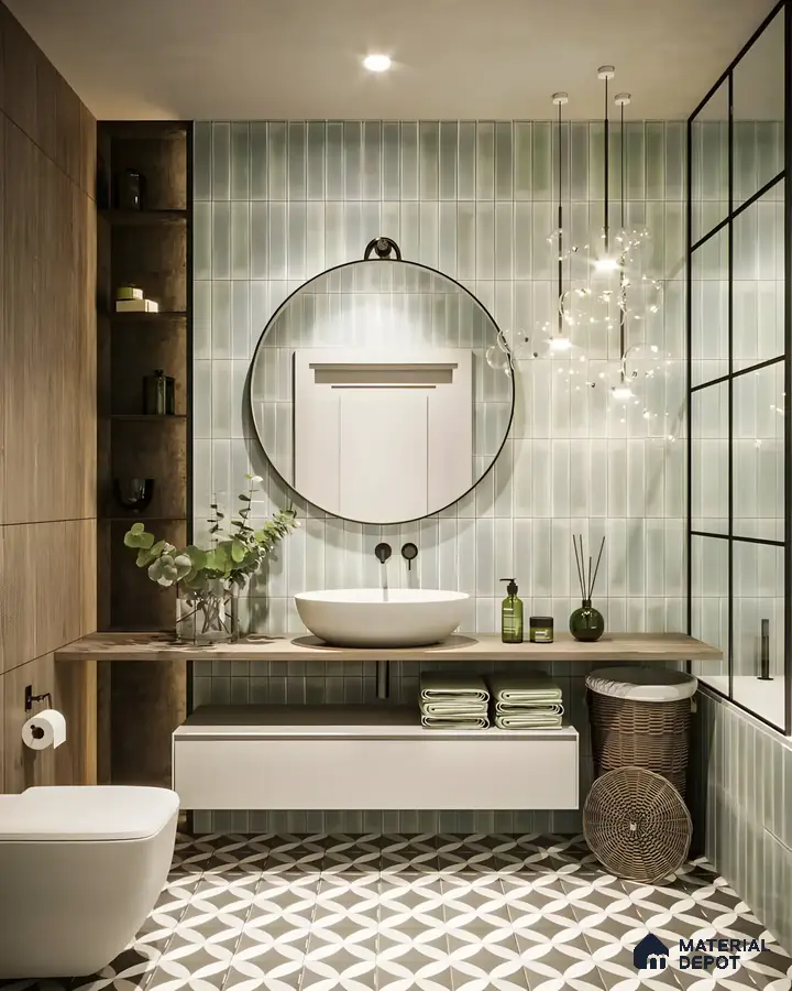 Minimalist Bathroom With Glass Partition And Green Tiles | Material Depot