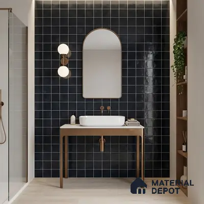 Minimalist bathroom with glossy black square wall tiles and light wood flooring