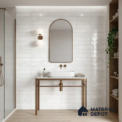 Minimalist bathroom with glossy white subway wall tiles and light oak wood-look floor tile