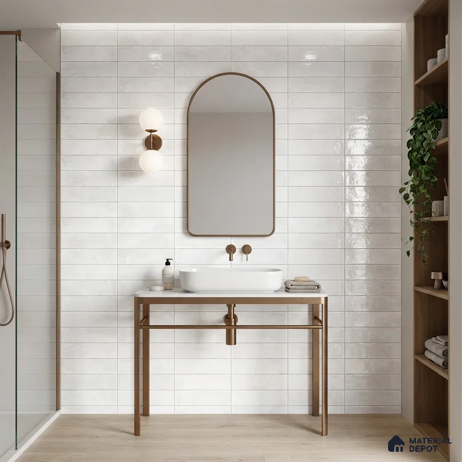 Minimalist bathroom with glossy white subway wall tiles and light oak wood-look floor tile