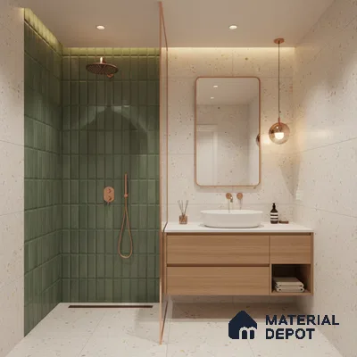 Minimalist bathroom with green kitkat wall tiles, terrazzo floor and wall tiles, and light oak floating vanity | Material Depot