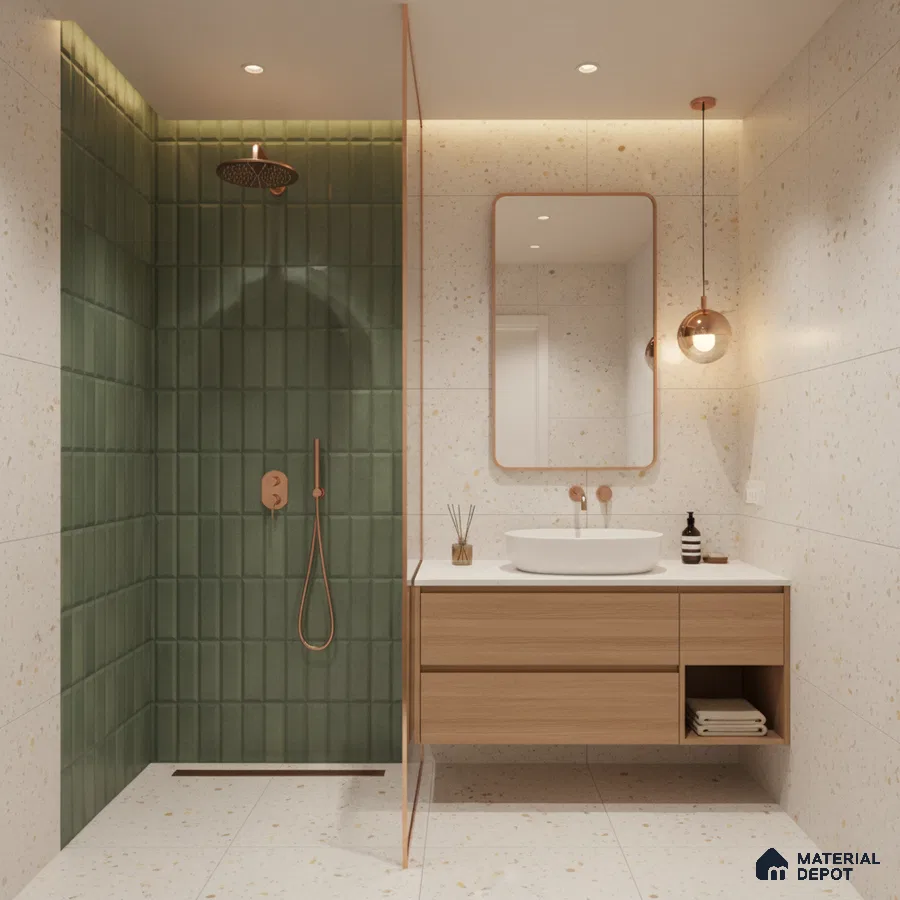 Minimalist bathroom with green kitkat wall tiles, terrazzo floor and wall tiles, and light oak floating vanity | Material Depot