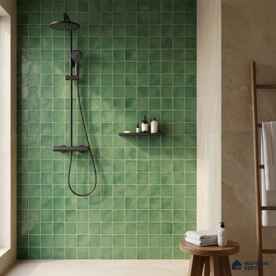 Minimalist bathroom with green square wall tiles and beige stone-look floor tiles