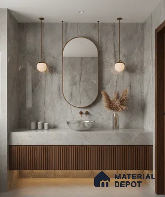 Minimalist bathroom with grey marble wall tiles, fluted walnut vanity, and stone countertop | Material Depot