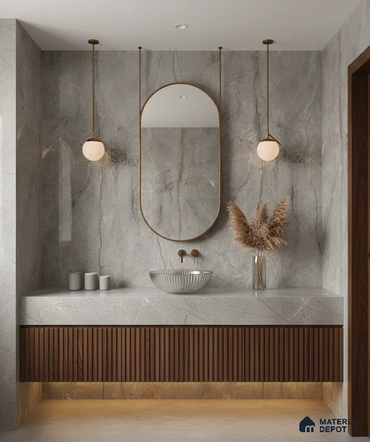 Minimalist bathroom with grey marble wall tiles, fluted walnut vanity, and stone countertop | Material Depot