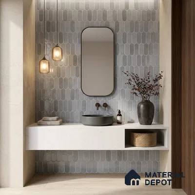 Minimalist bathroom with grey scallop wall tiles and white quartz floating vanity