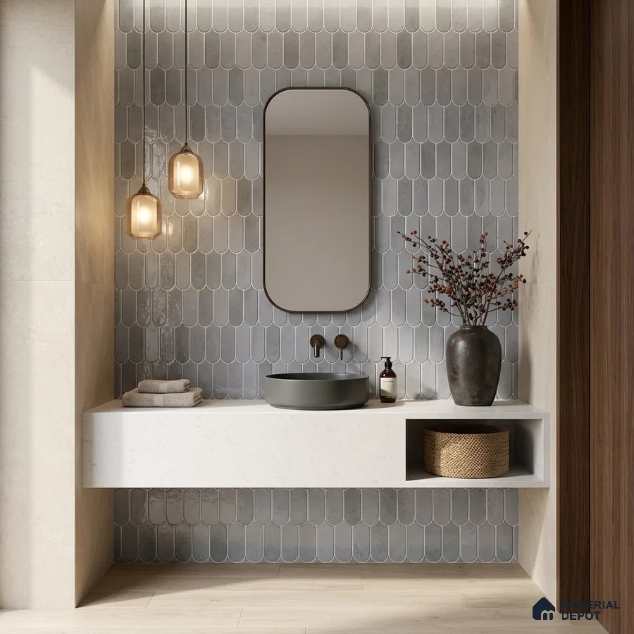Minimalist bathroom with grey scallop wall tiles and white quartz floating vanity