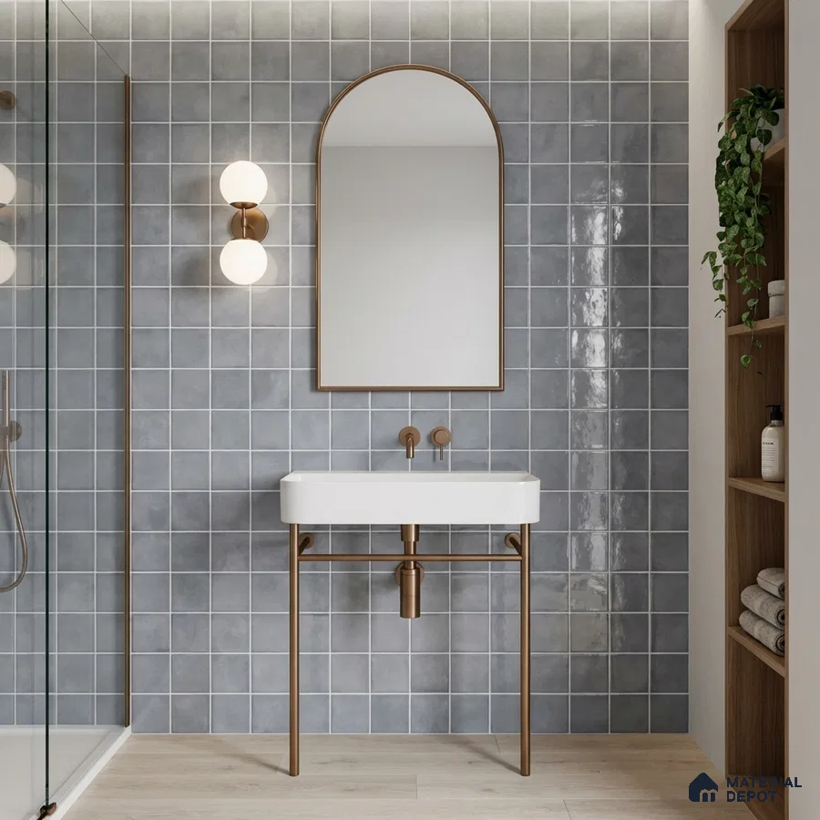 Minimalist bathroom with grey square wall tiles and light wood floor tile