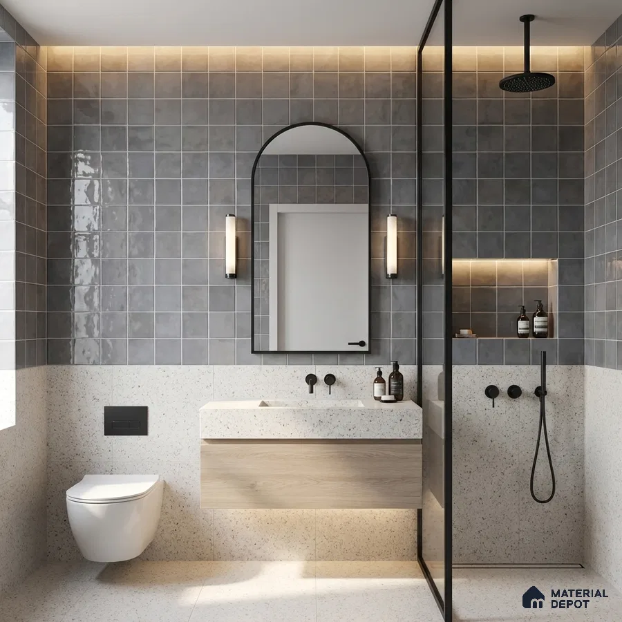 Minimalist bathroom with grey square wall tiles, terrazzo floor and wall tiles, and floating wood vanity