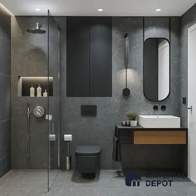 Minimalist bathroom with grey stone tiles, matte black vanity, and wood accent drawer in Sobha Chrysanthemum Thanisandra 3 BHK Bengaluru Apartment