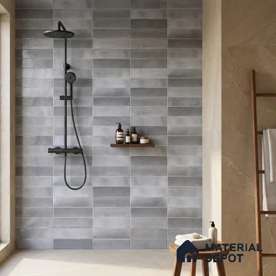 Minimalist bathroom with grey subway wall tiles and beige stone floor tiles