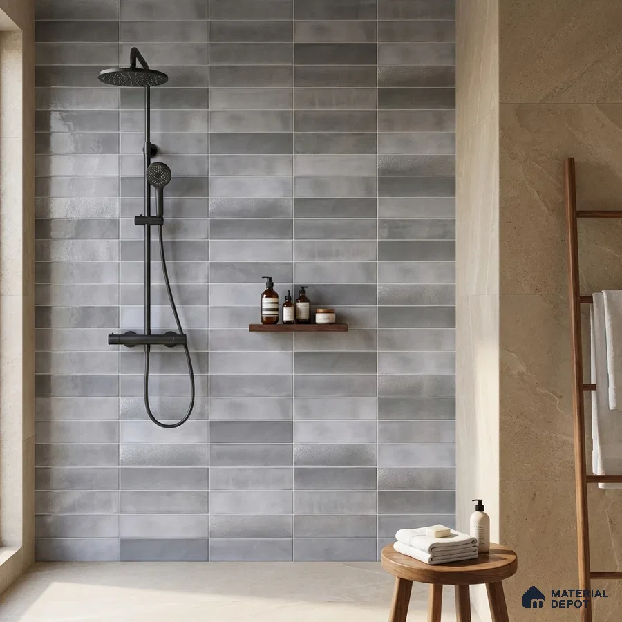 Minimalist bathroom with grey subway wall tiles and beige stone floor tiles