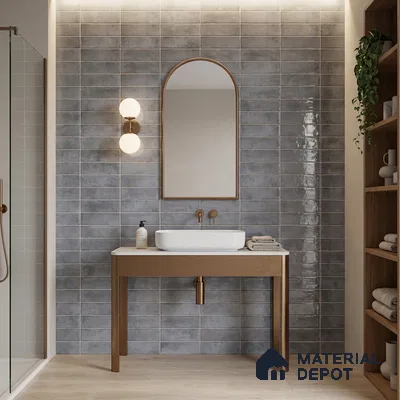 Minimalist bathroom with grey subway wall tiles and light wood floor tile