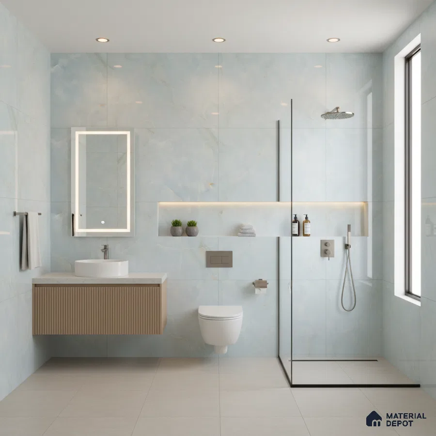 Minimalist bathroom with light blue marble-look wall tiles, beige floor tiles, and fluted wood vanity | Material Depot