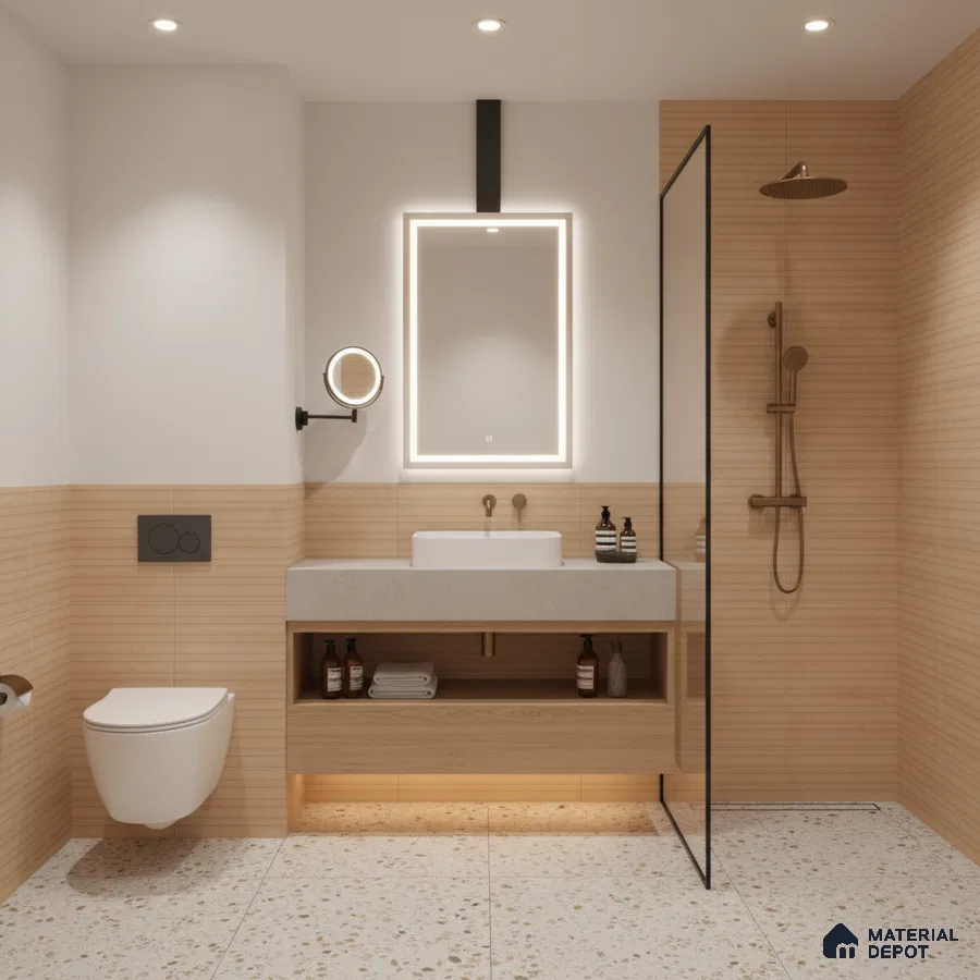 Minimalist bathroom with light wood-look wall tiles, terrazzo floor tiles, and floating vanity | Material Depot