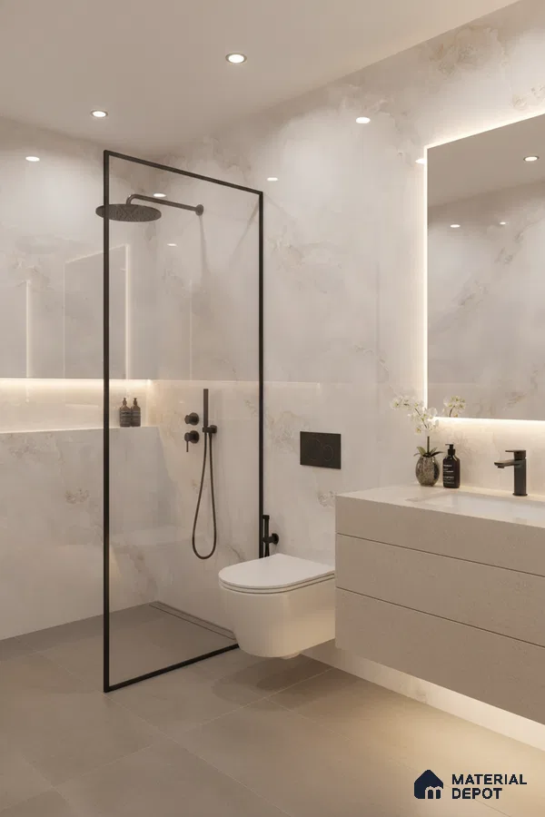 Minimalist bathroom with marble-look wall tiles and beige matte floor tiles | Material Depot