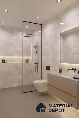 Minimalist bathroom with marble-look wall tiles, beige floor tiles, and light oak vanity laminate | Material Depot