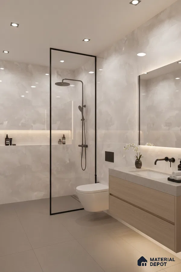 Minimalist bathroom with marble-look wall tiles, beige floor tiles, and light oak vanity laminate | Material Depot