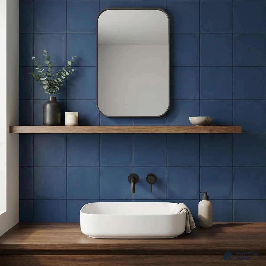 Minimalist bathroom with matte blue square wall tiles and walnut wood vanity