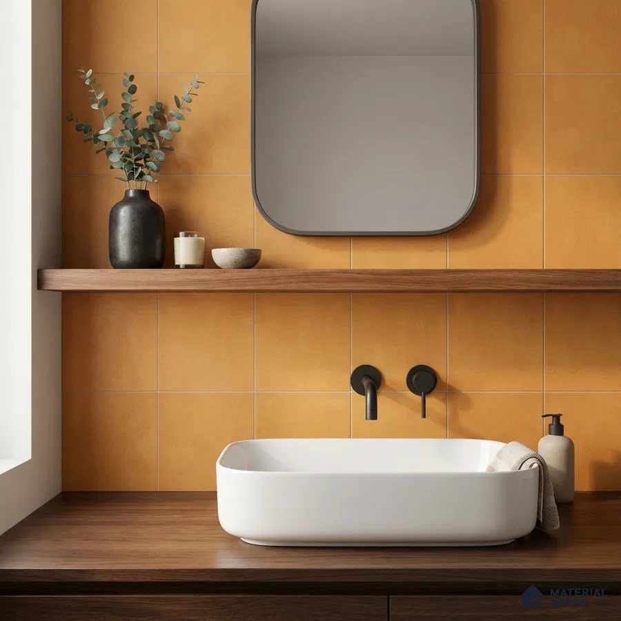 Minimalist bathroom with matte ochre wall tiles and walnut wood countertop